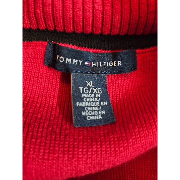 Tommy Hilfiger Womens Red Ribbed Sweater 1/4 Zip Pullover Logo Stripe Trim XL - Picture 7 of 7
